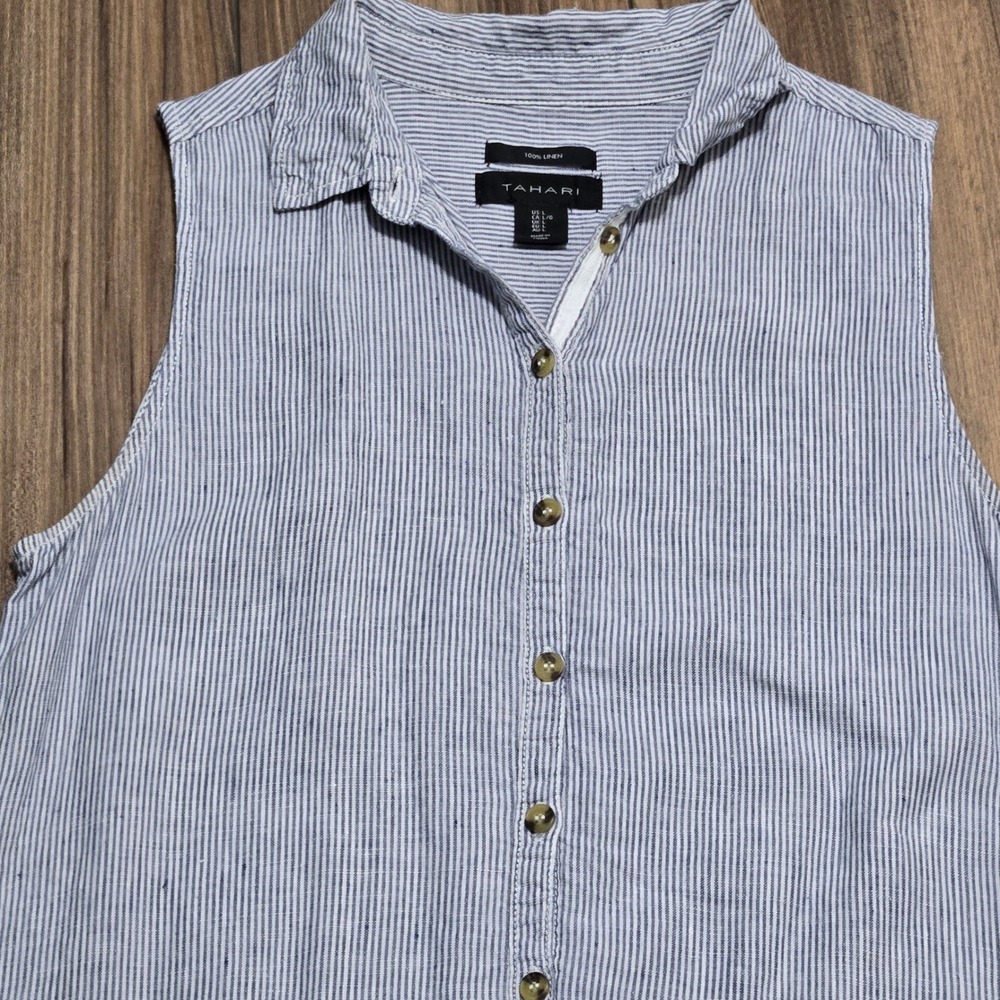 Tahari Blue White Striped Linen Sleeveless Button Front Dress Large w Pockets - Picture 2 of 8